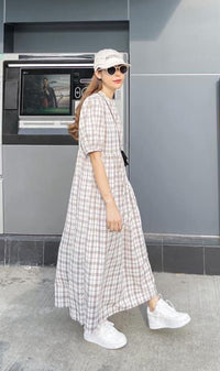HAISLEY Puff-Sleeve Plaid Maxi Dress (Off White)