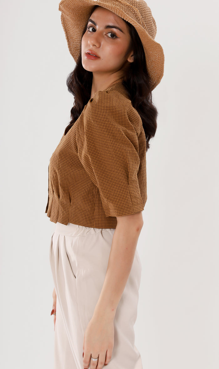 KATYA Buttoned Puff-Sleeve Grid Top (Cinnamon)