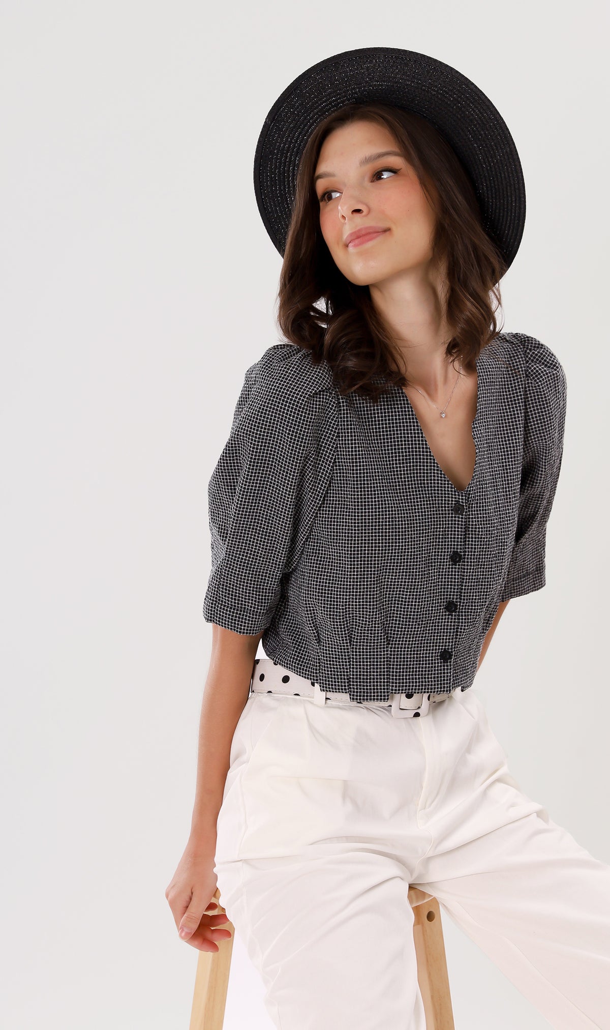 KATYA Buttoned Puff-Sleeve Grid Top (Black)