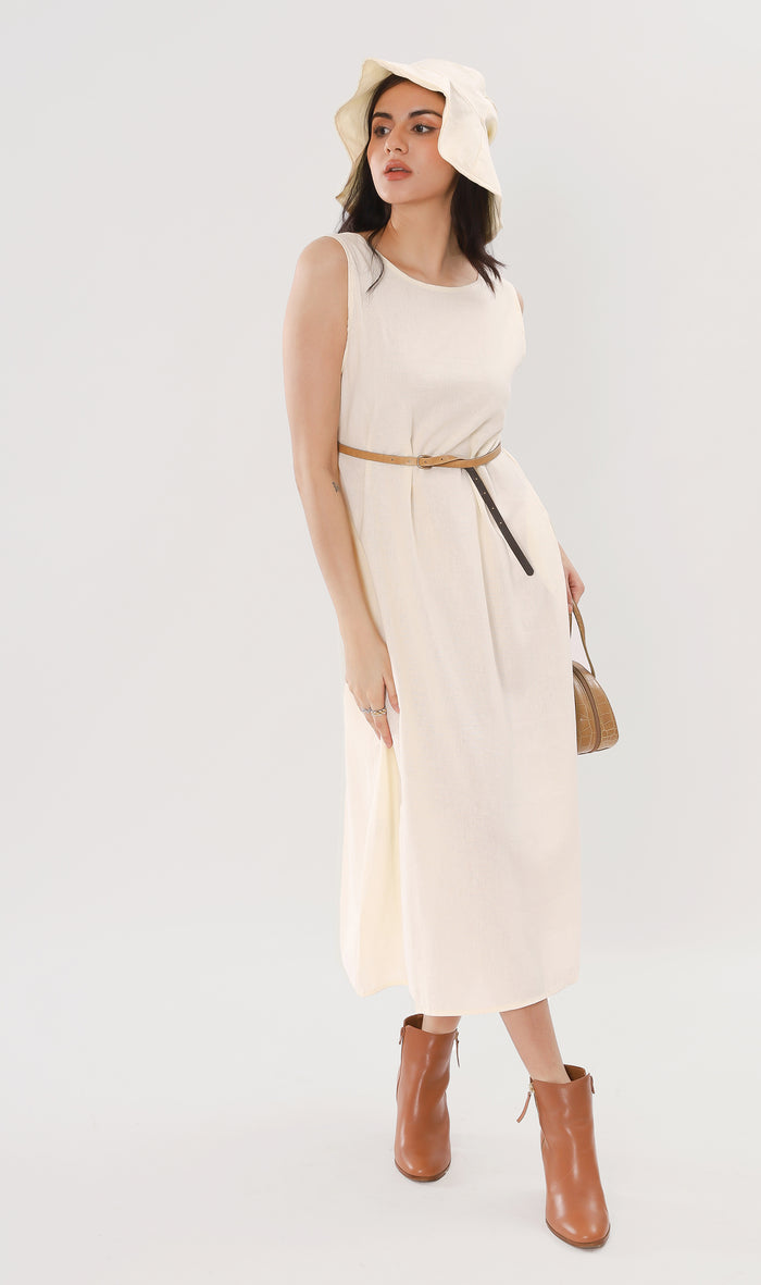 MAZIE Low-back Linen Midi Dress w/ Hat (Cream)