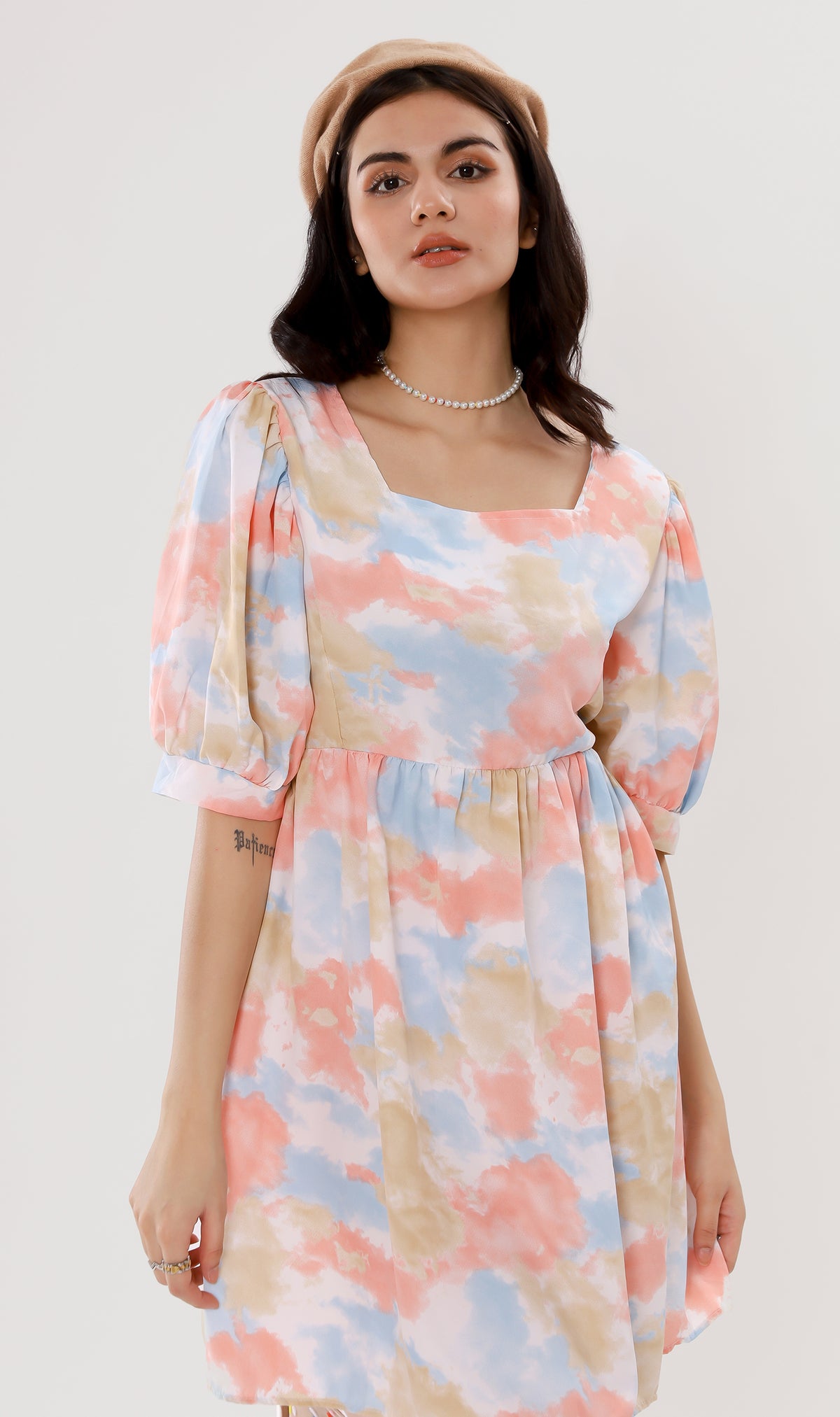 EFFIE Pastel Puff-Sleeve Dress (Peach)