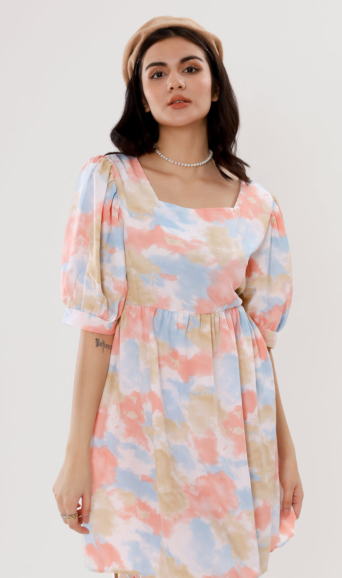 EFFIE Pastel Puff-Sleeve Dress (Peach)