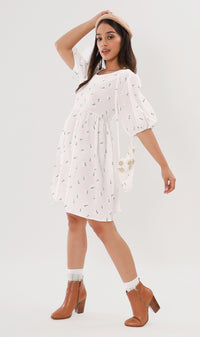 YANA Floral-Print Puff-Sleeve Babydoll Dress w/ Bag (White)