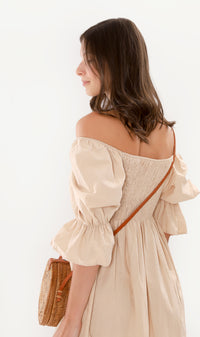 REYA Smocked Puff-Sleeve Linen Dress (Nude)