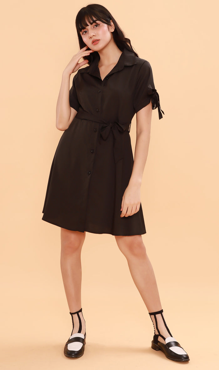 PEYTON Belted Button-Down Dress (Black)
