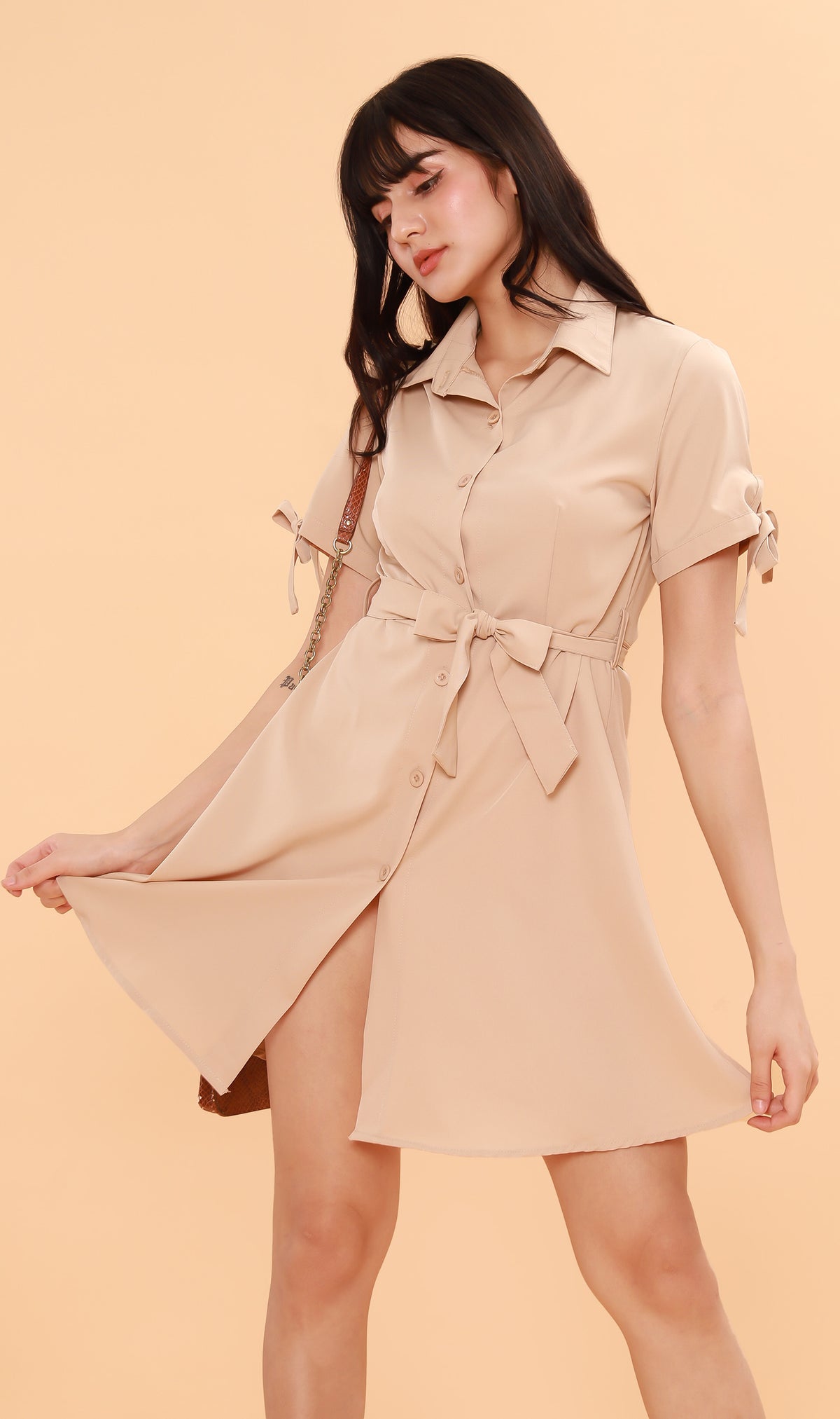 PEYTON Belted Button-Down Dress (Latte)