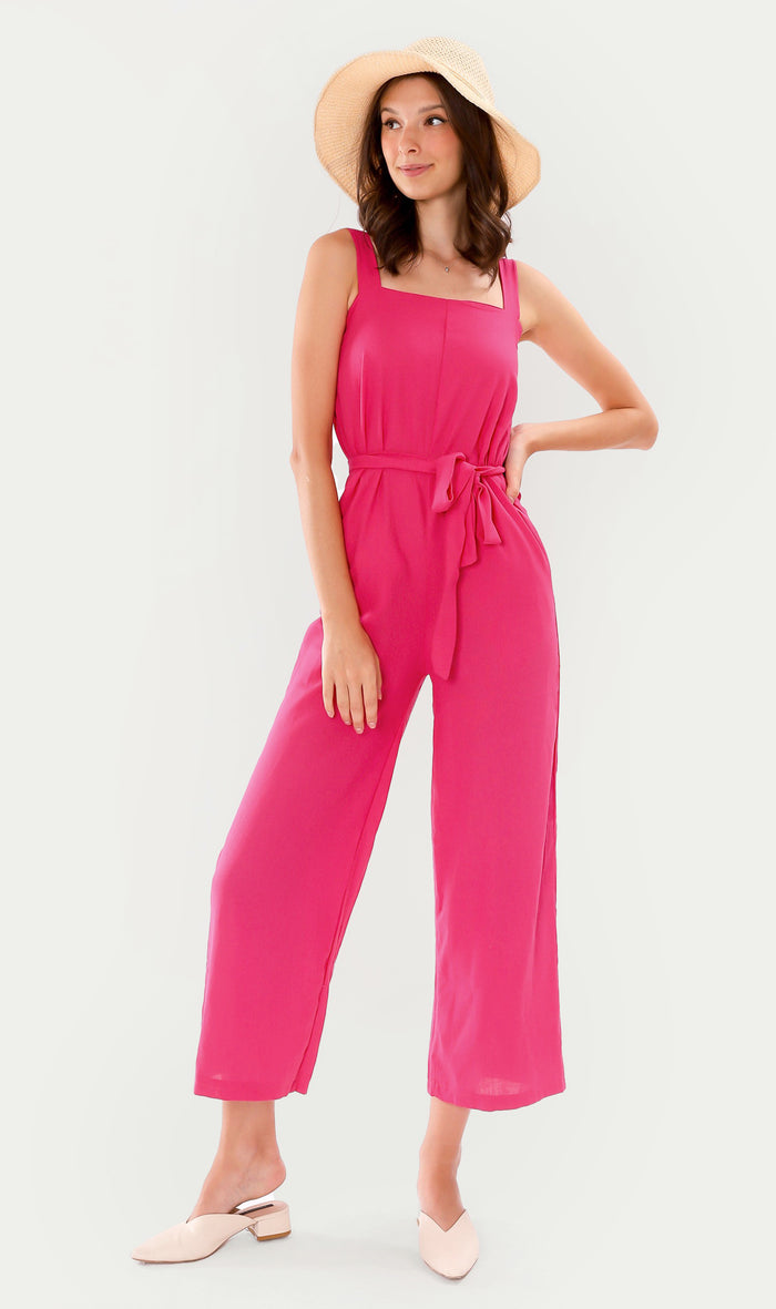 KHARI Linen Tie-Waist Jumpsuit (Magenta)