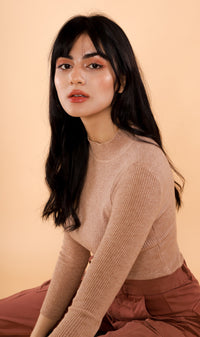 ROUX Mock-Neck Long-Sleeve Knit Top (Tan)