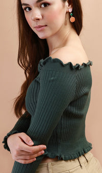CARRIE Lettuce Ruffle Off-Shoulder Top (Dusty Green)