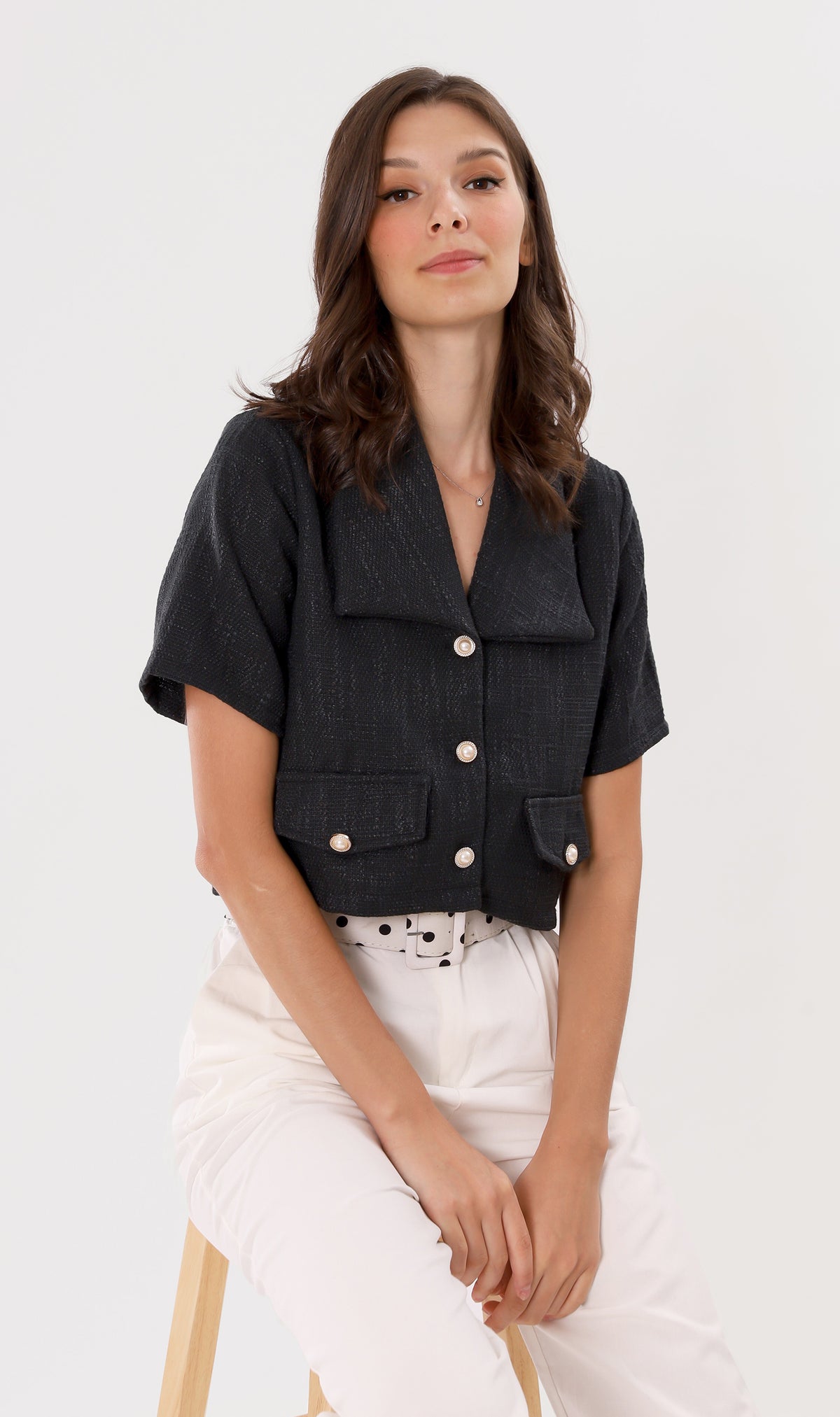 DIONNE Wide-Collar Tweed Blazer Top (Black)