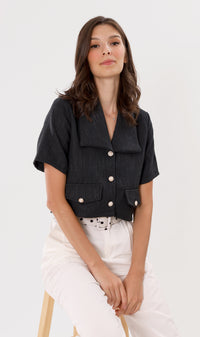 DIONNE Wide-Collar Tweed Blazer Top (Black)