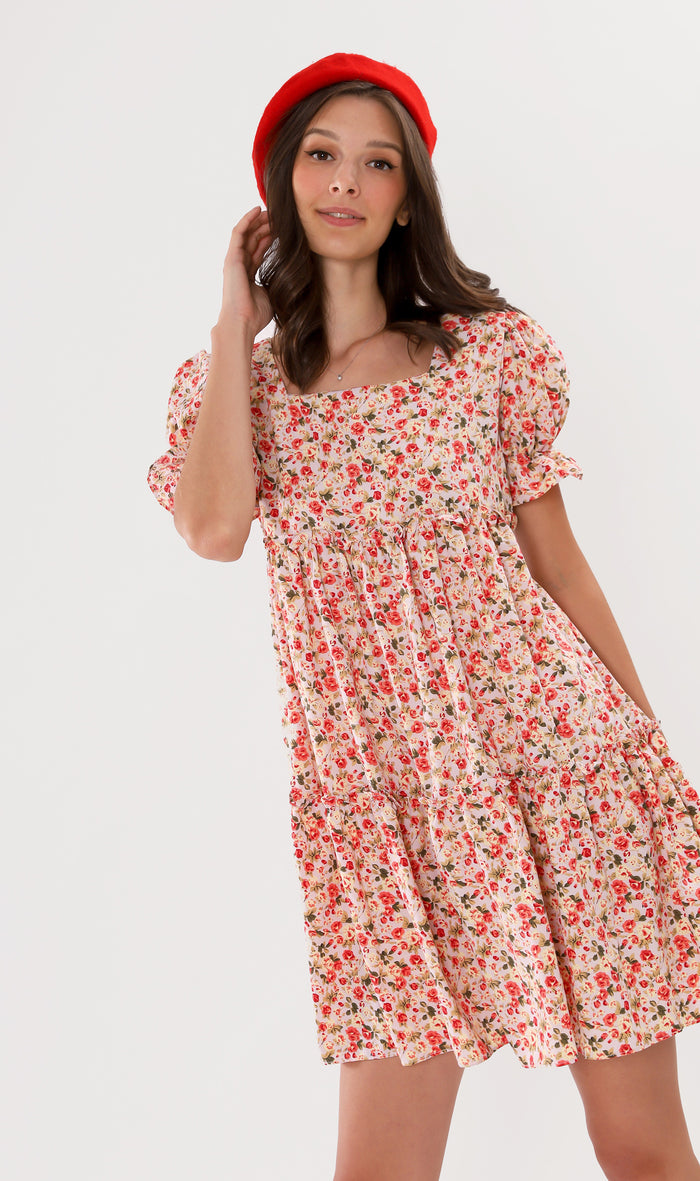 JADE Tiered Puff-Sleeve Dress (Pink)