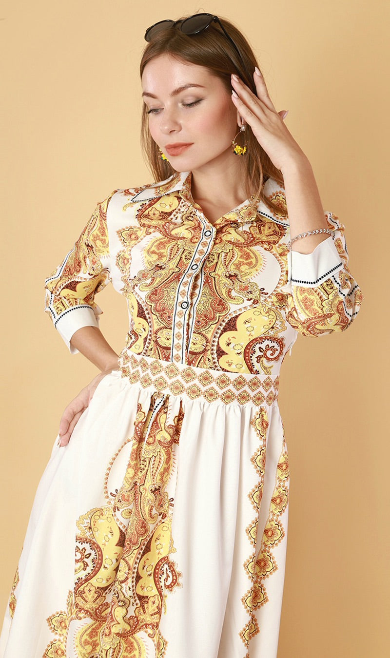 QUINCE Long-Sleeve Collared Dress(Yellow)
