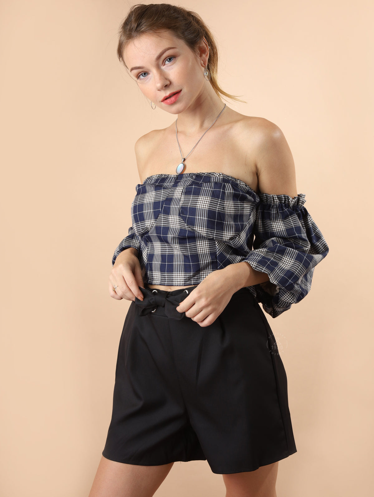 REESE Plaid Off-Shoulder Crop Top (Navy)