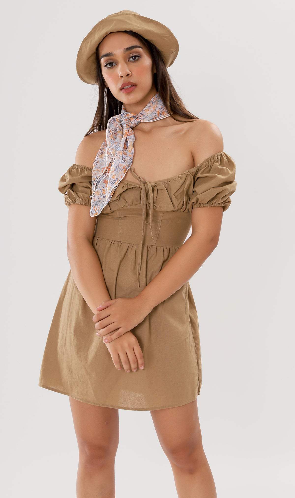 QUINCY Ruched Puff-Sleeve Dress w/ Hat (Mocha Brown)