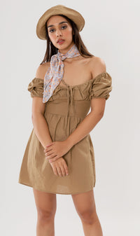 QUINCY Ruched Puff-Sleeve Dress w/ Hat (Mocha Brown)