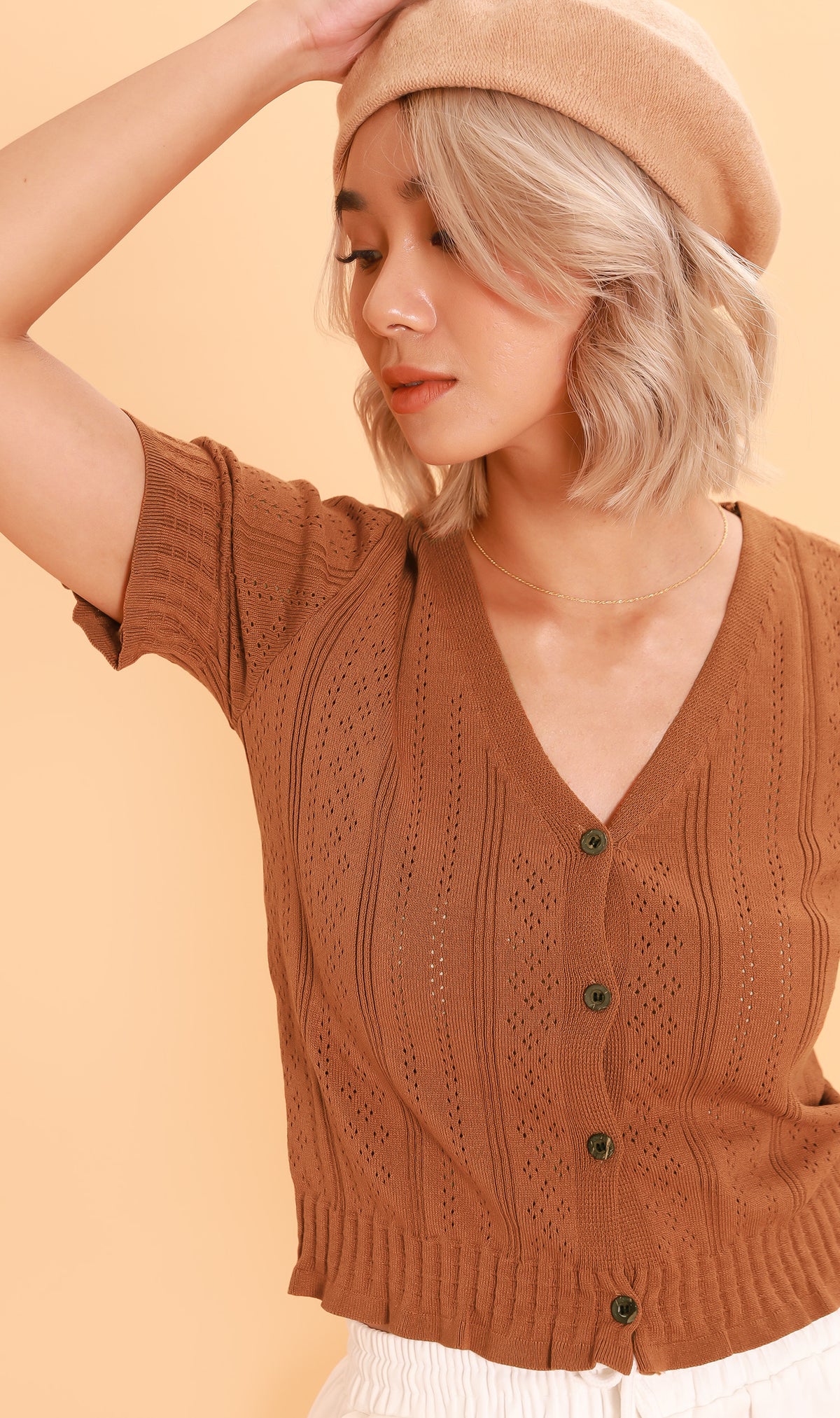 CAMILLE Button-Down Eyelet Cardi (Mocha)