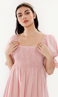 REYA Smocked Puff-Sleeve Linen Dress (Blush)