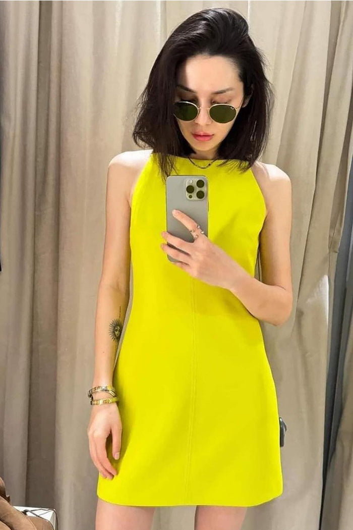 AMINA Square-Neck Mini Dress (Lime Yellow)