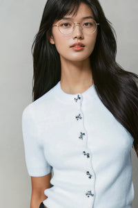 COLETTE Bow-Button Knit Cardigan Top (White)