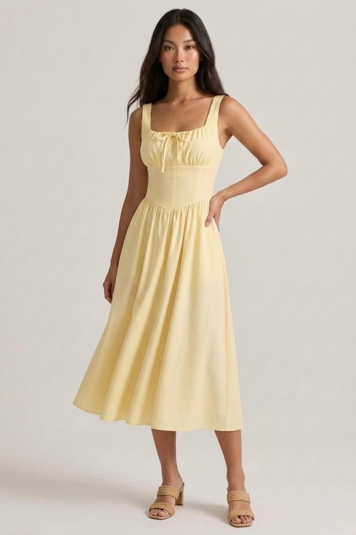 MARCELLA Square Neck Fit & Flare Midi Dress with Pockets (Butter Yellow)