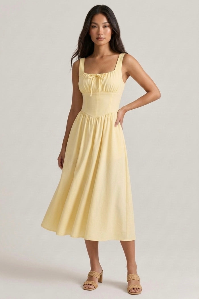 MARCELLA Square Neck Fit & Flare Midi Dress with Pockets (Butter Yellow)