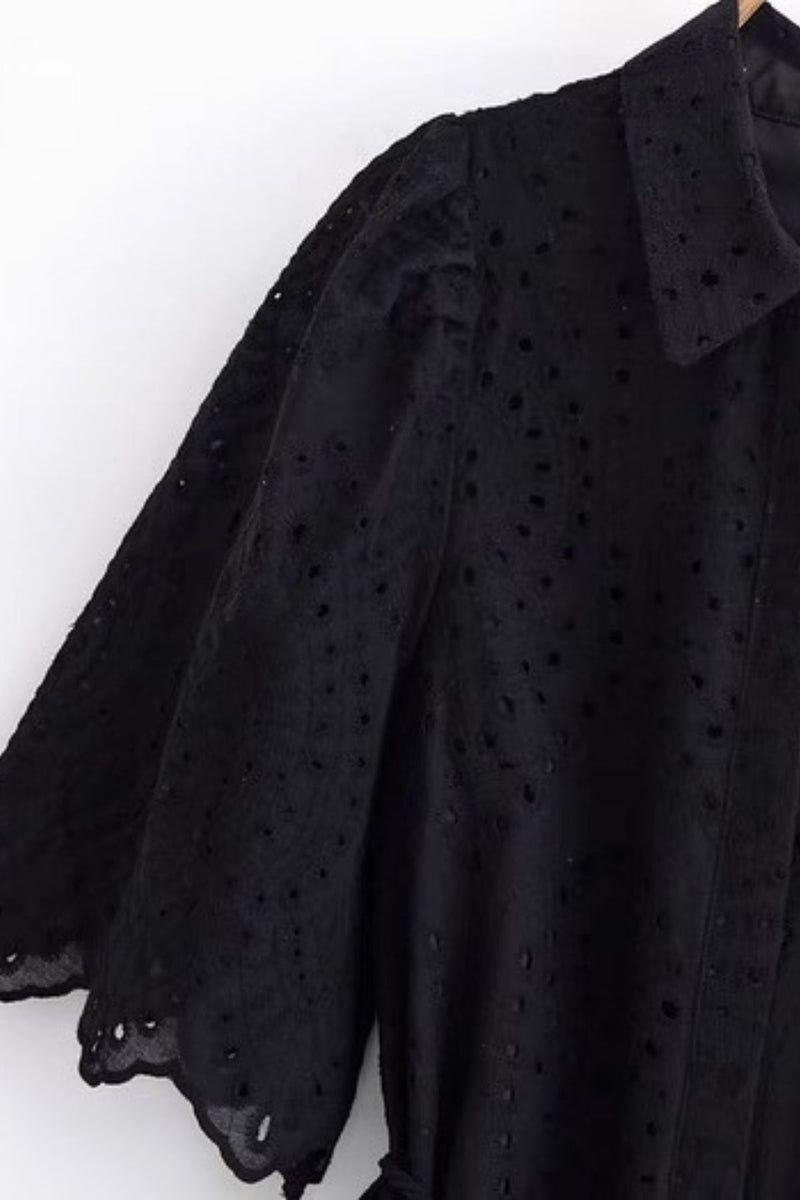 ODETTE Broderie Eyelet Midi Dress with Rope Tie (Black)