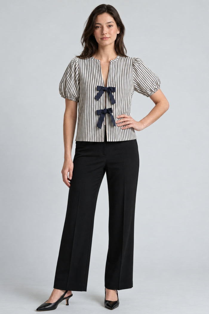 FINLEY V-neck Ribbon-Tie Puff Sleeve Top (Navy Stripes)