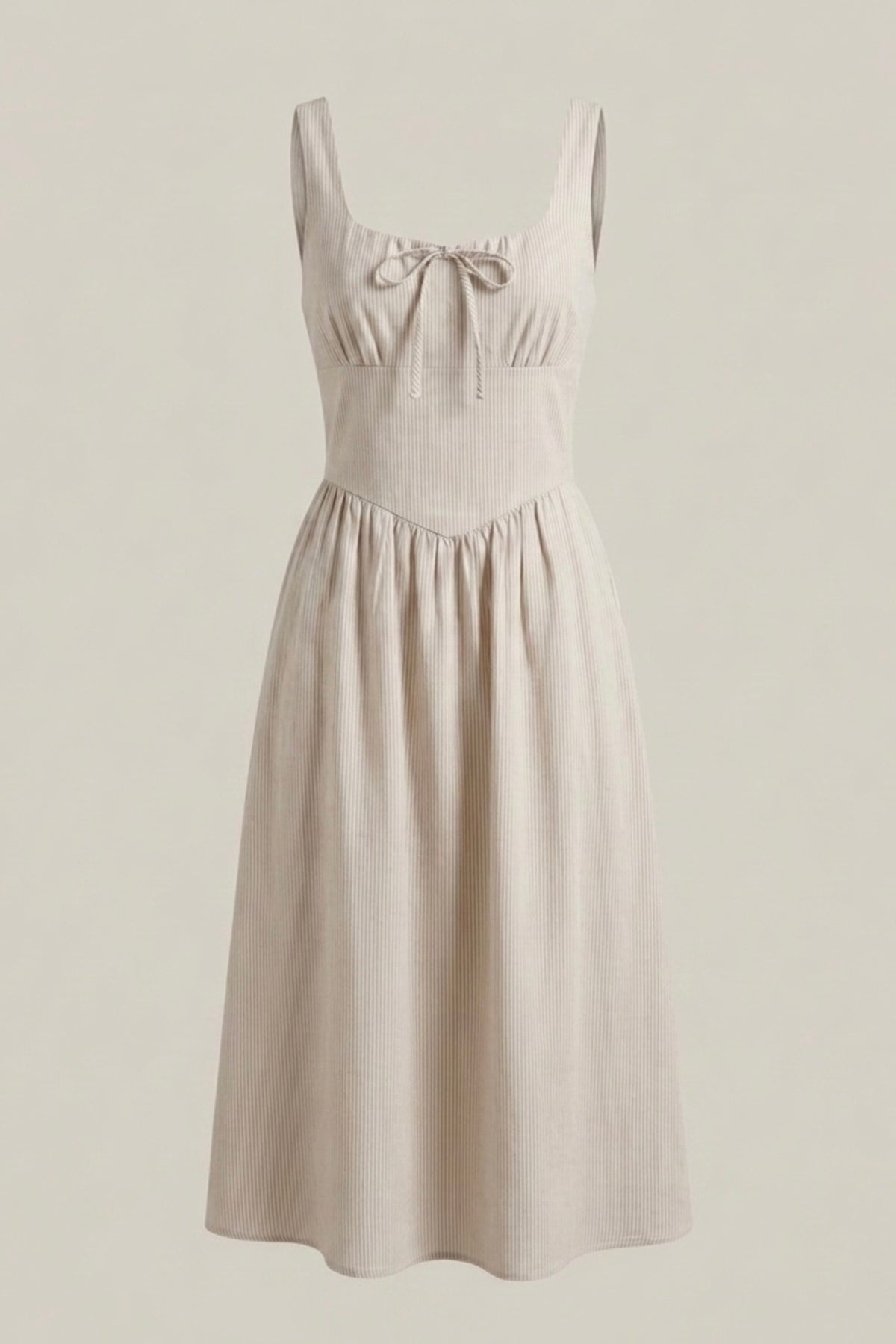 MARCELLA Square Neck Fit & Flare Midi Dress with Pockets (Beige Stripe)