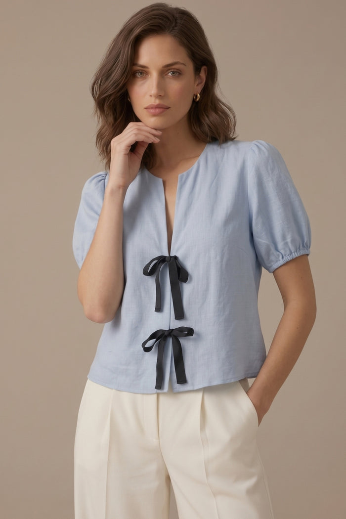 FINLEY V-neck Ribbon-Tie Puff Sleeve Top (Powder Blue)