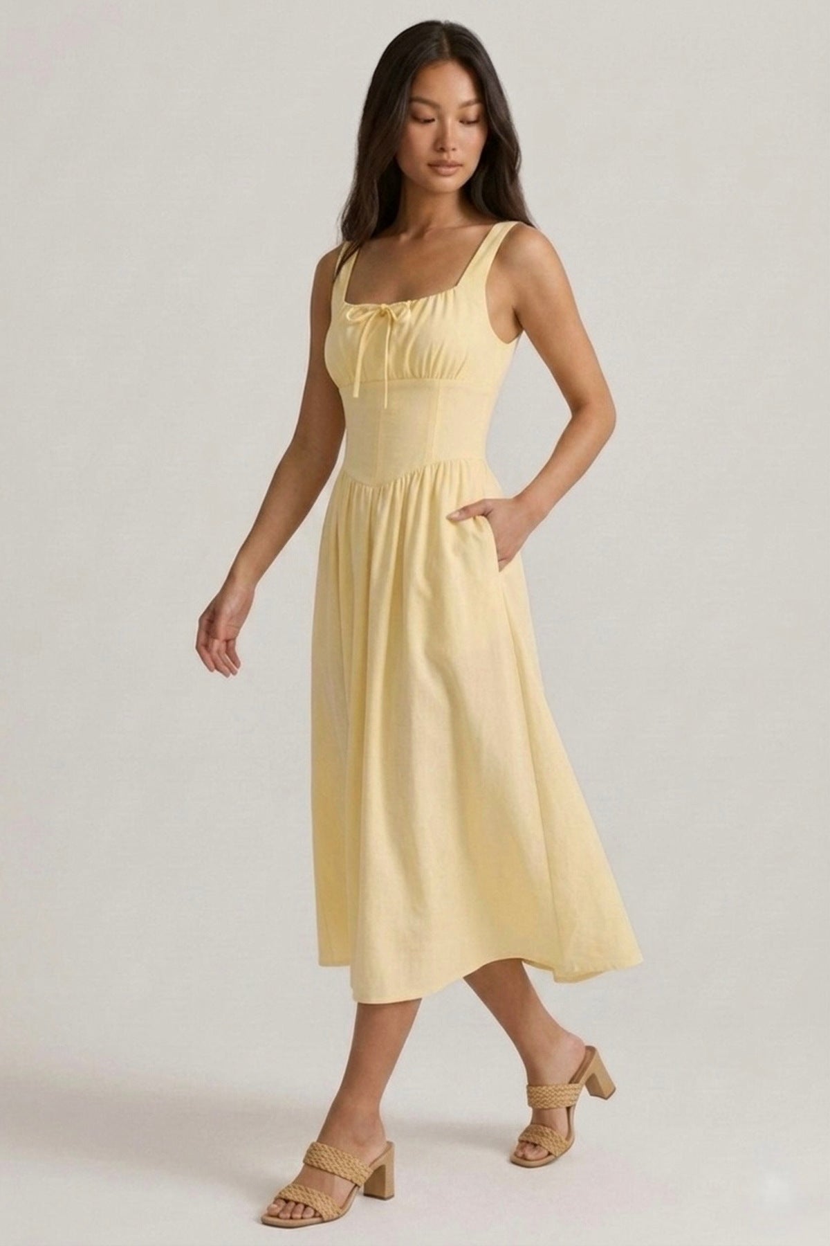 MARCELLA Square Neck Fit & Flare Midi Dress with Pockets (Butter Yellow)