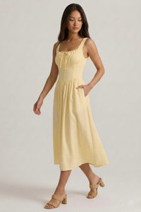MARCELLA Square Neck Fit & Flare Midi Dress with Pockets (Butter Yellow)