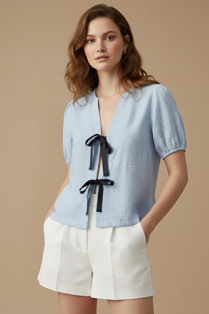 FINLEY V-neck Ribbon-Tie Puff Sleeve Top (Powder Blue)