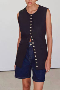 RAYA Linen Buttoned Vest Top (Black)