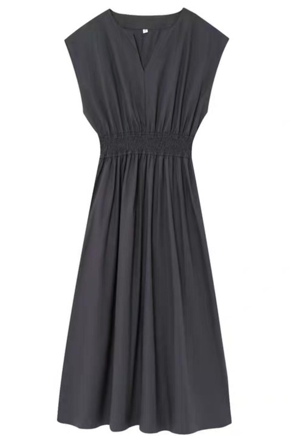 CELINE Smocked Waist Cotton Midi Dress with Pockets(Deep Gray)