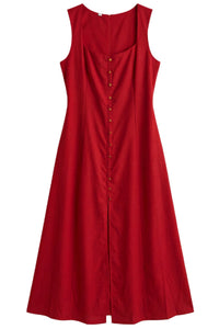 SOLENE Linen Button-Front Maxi Dress (Red)