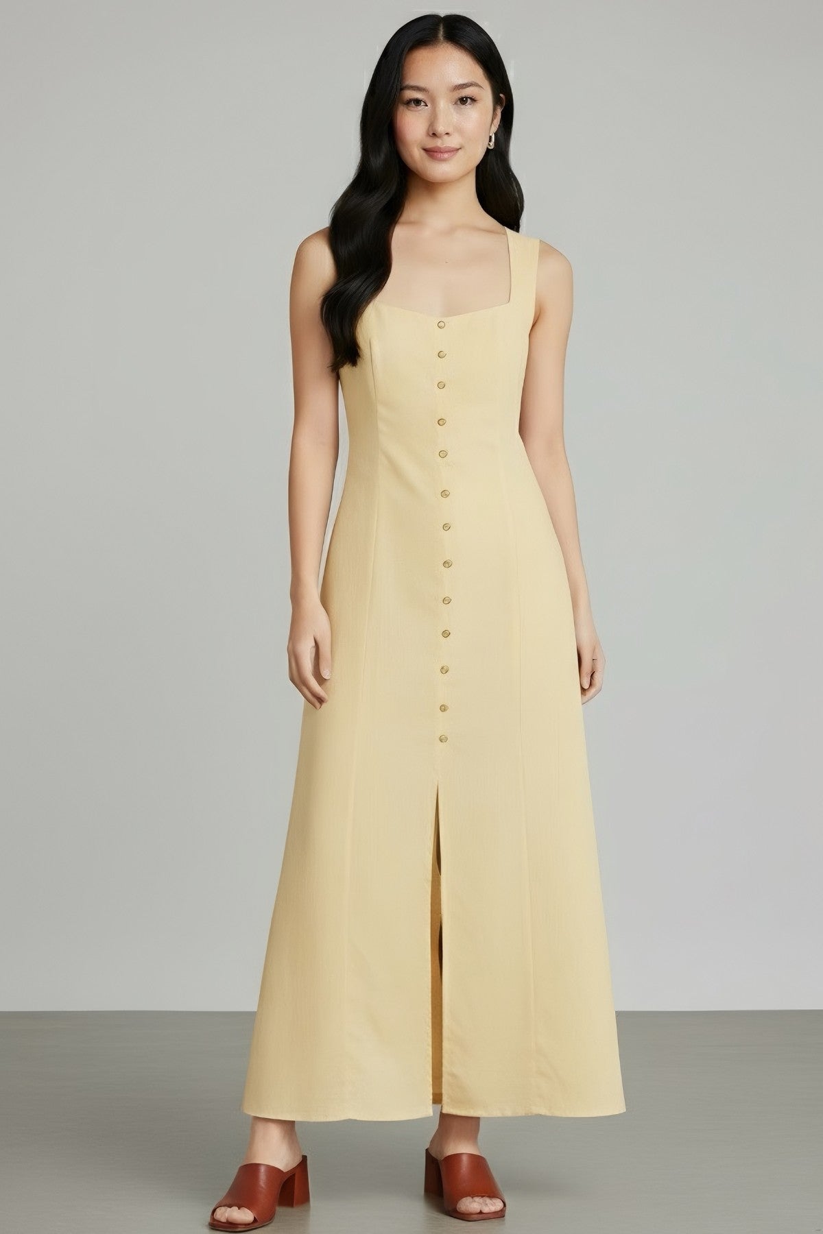 SOLENE Linen Button-Front Midi Dress (Butter Yellow)