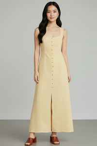 SOLENE Linen Button-Front Midi Dress (Butter Yellow)