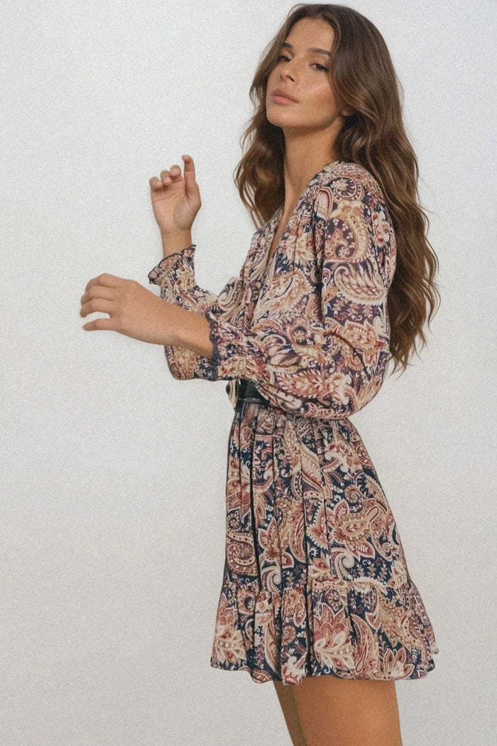 FAITH V-Neck Long-Sleeve Boho Mini Dress