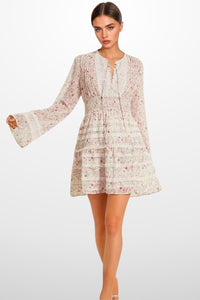 FIORA Floral Chiffon Lace-Trim Mini Dress