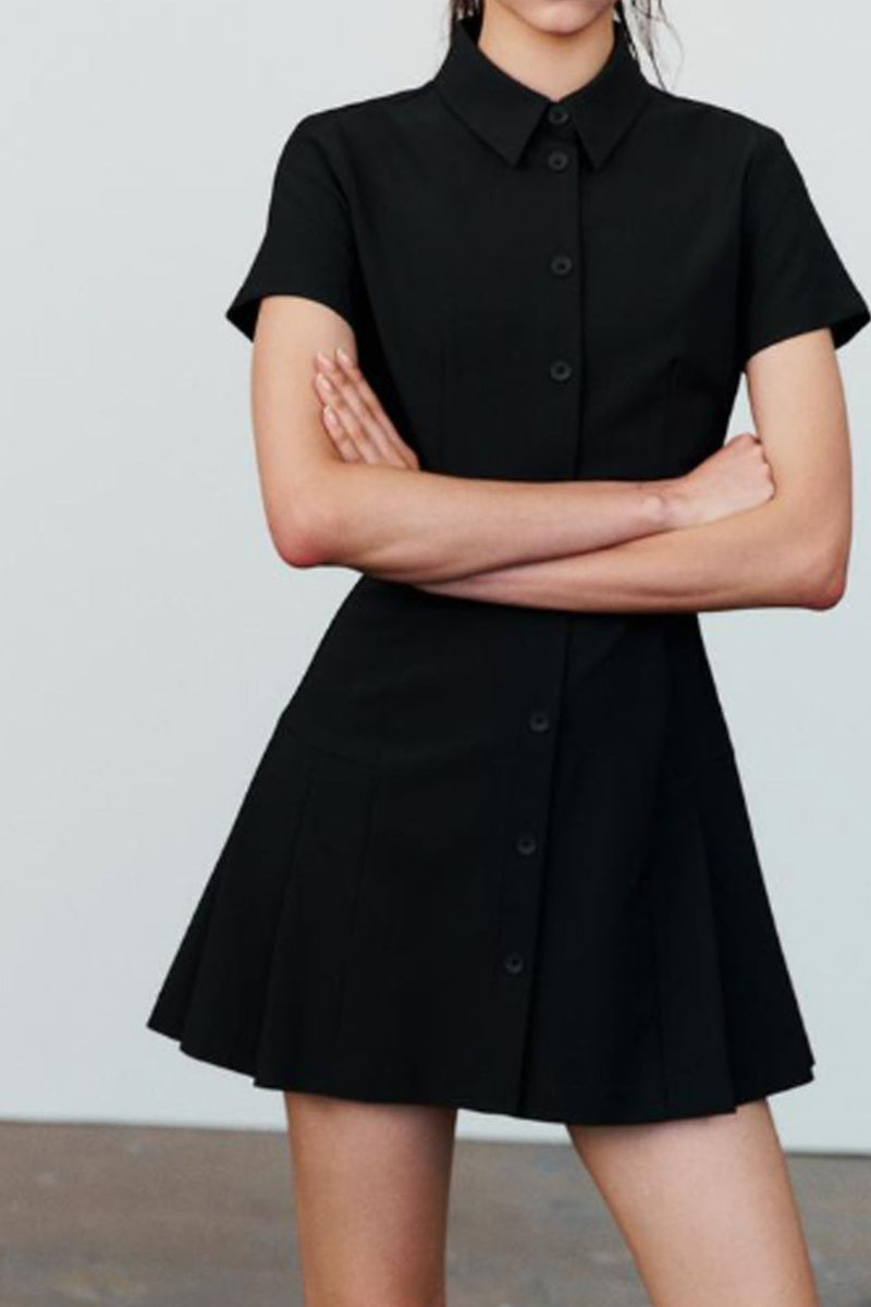 ROSIE Pleated Button-Down Mini Dress (Black)