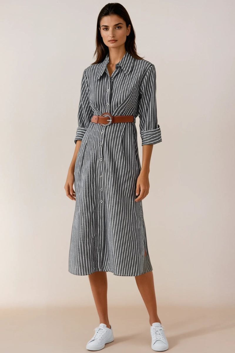 SKYLAR Striped Button-Down Dress W/ Belt (Deep Gray)