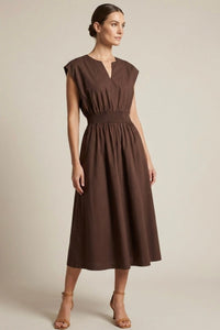 CELINE Smocked Waist Cotton Midi Dress with Pockets(Espresso Brown)