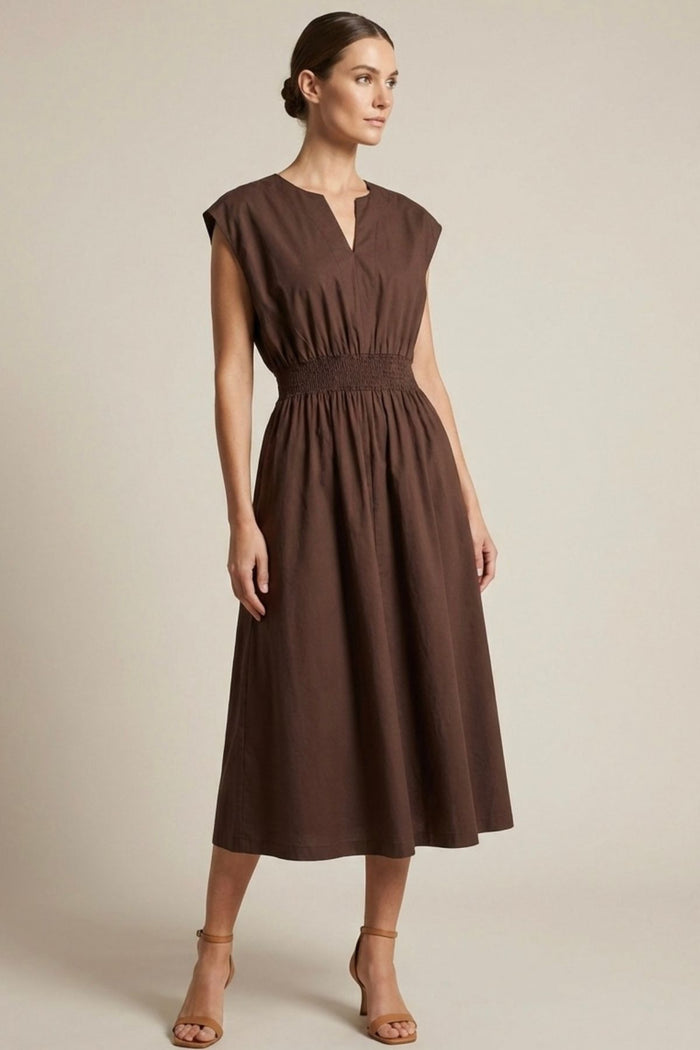 CELINE Smocked Waist Cotton Midi Dress with Pockets(Espresso Brown)