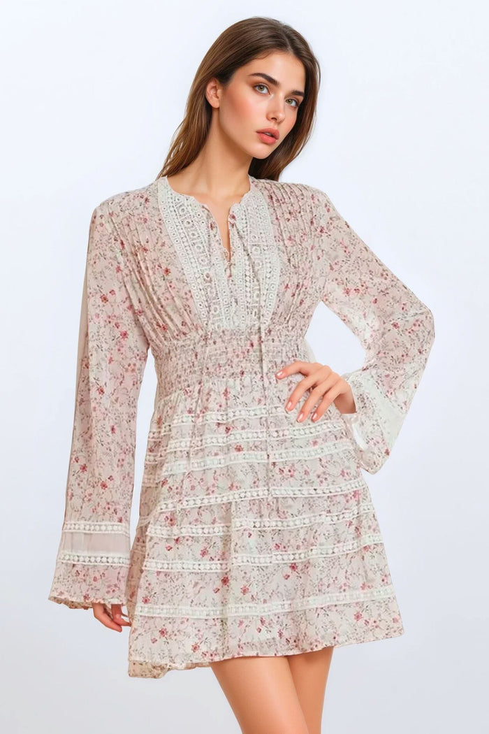 FIORA Floral Chiffon Lace-Trim Mini Dress