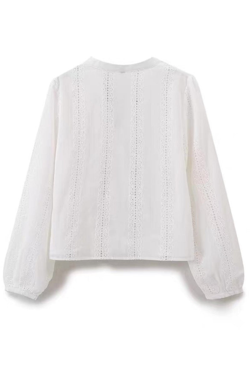 THEA Embroidered V-Neck Eyelet Blouse (White)