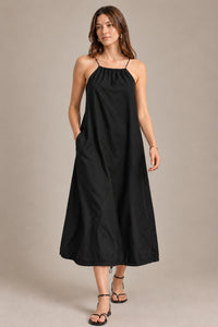 RAELYNN Halter Midi Parachute Dress W/ Toggle Drawstring Back & Hem (Black)