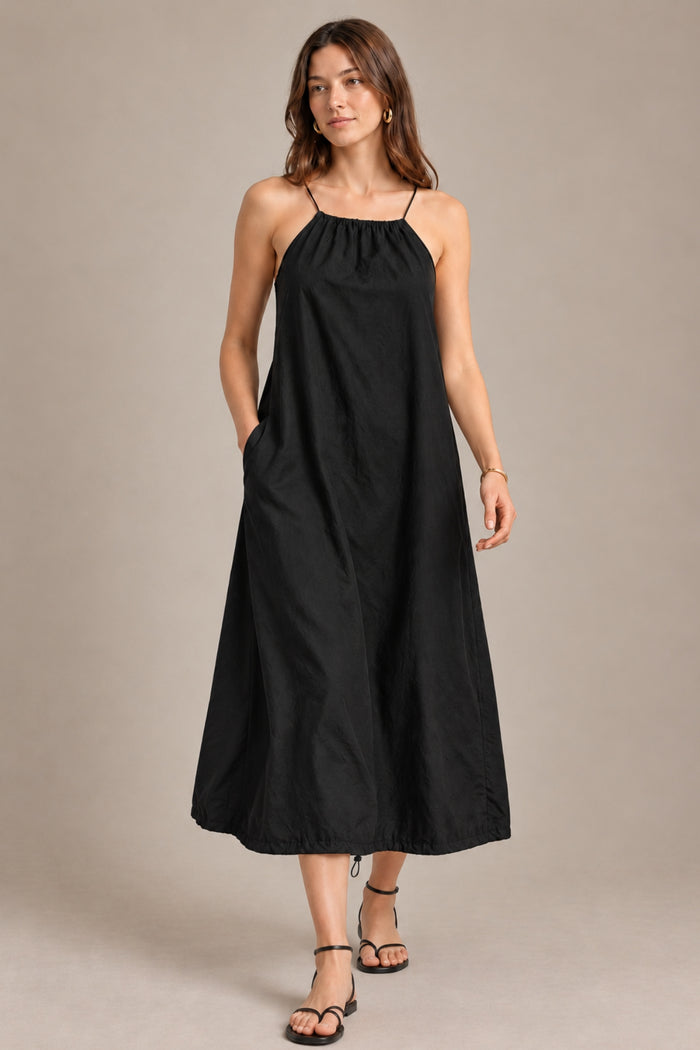 RAELYNN Halter Midi Parachute Dress W/ Toggle Drawstring Back & Hem (Black)