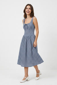 MARCELLA Square Neck Fit & Flare Midi Dress with Pockets (Blue Gingham)