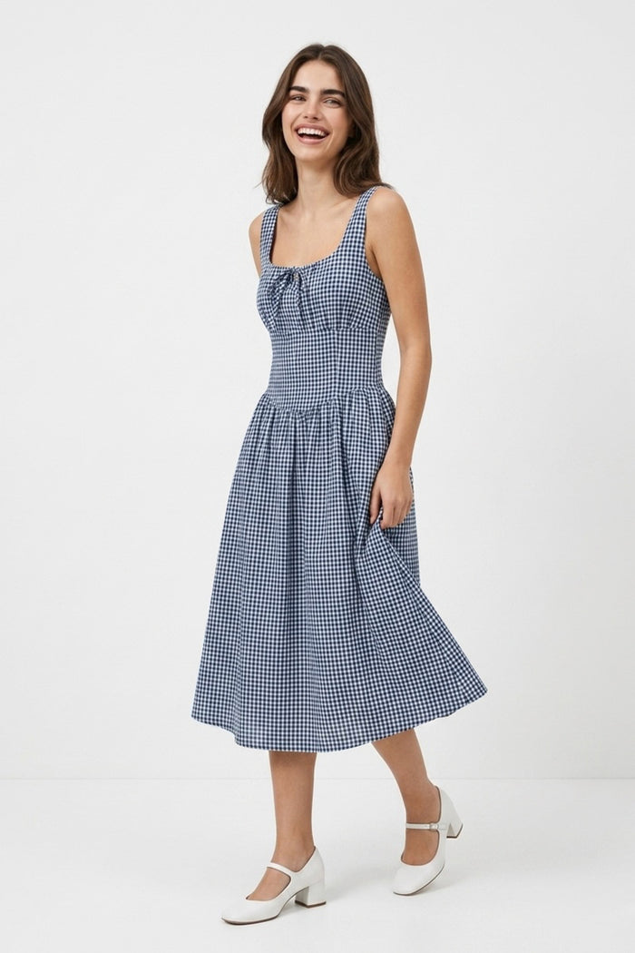 MARCELLA Square Neck Fit & Flare Midi Dress with Pockets (Blue Gingham)